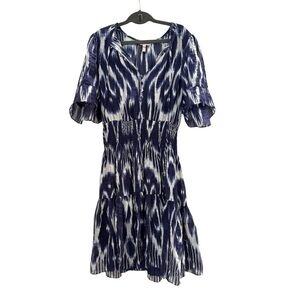 Rebecca Taylor Ikat Blue Ruffle Swing Dress Summer Preppy Casual